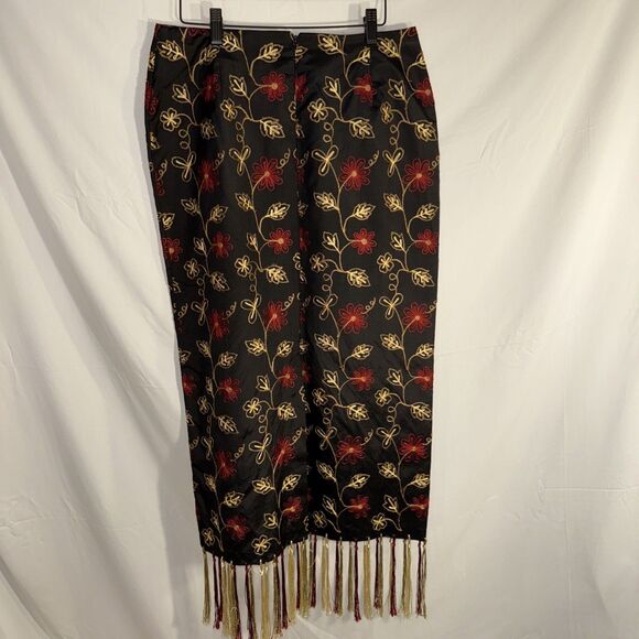 Silkland Fringed Maxi black Floral Embroidered  skirt Brown/Gold/Red Sz 10 - Picture 3 of 8